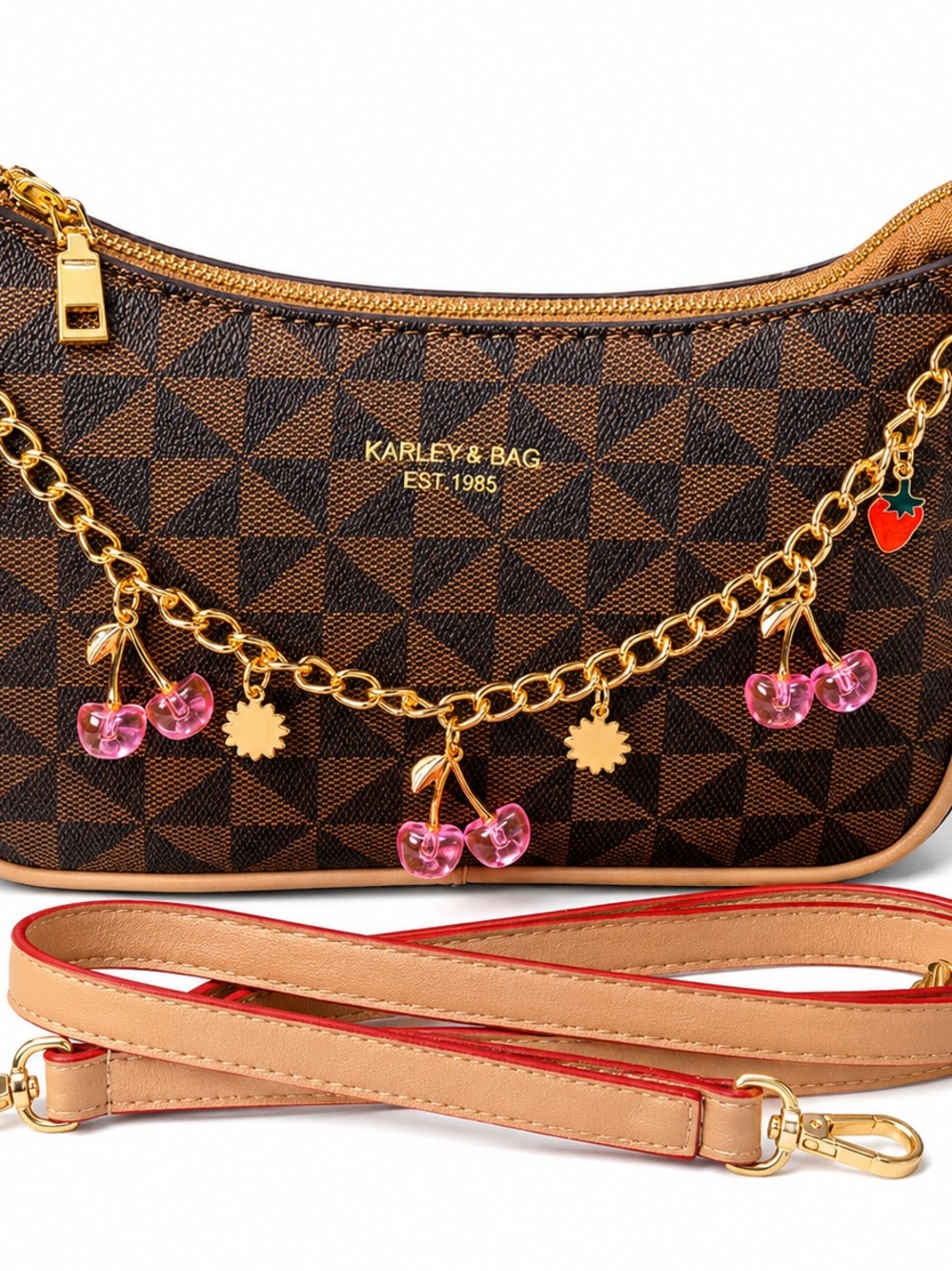 Brown Patterned Cherry Charm Crossbody